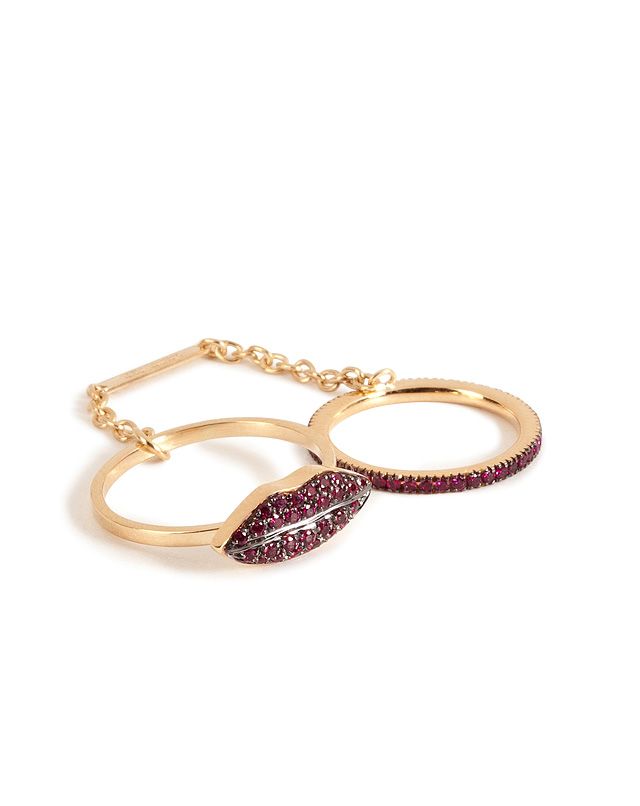 DELFINA DELETTREZ 18kt Gold Double Ring with Ruby Lips and Band